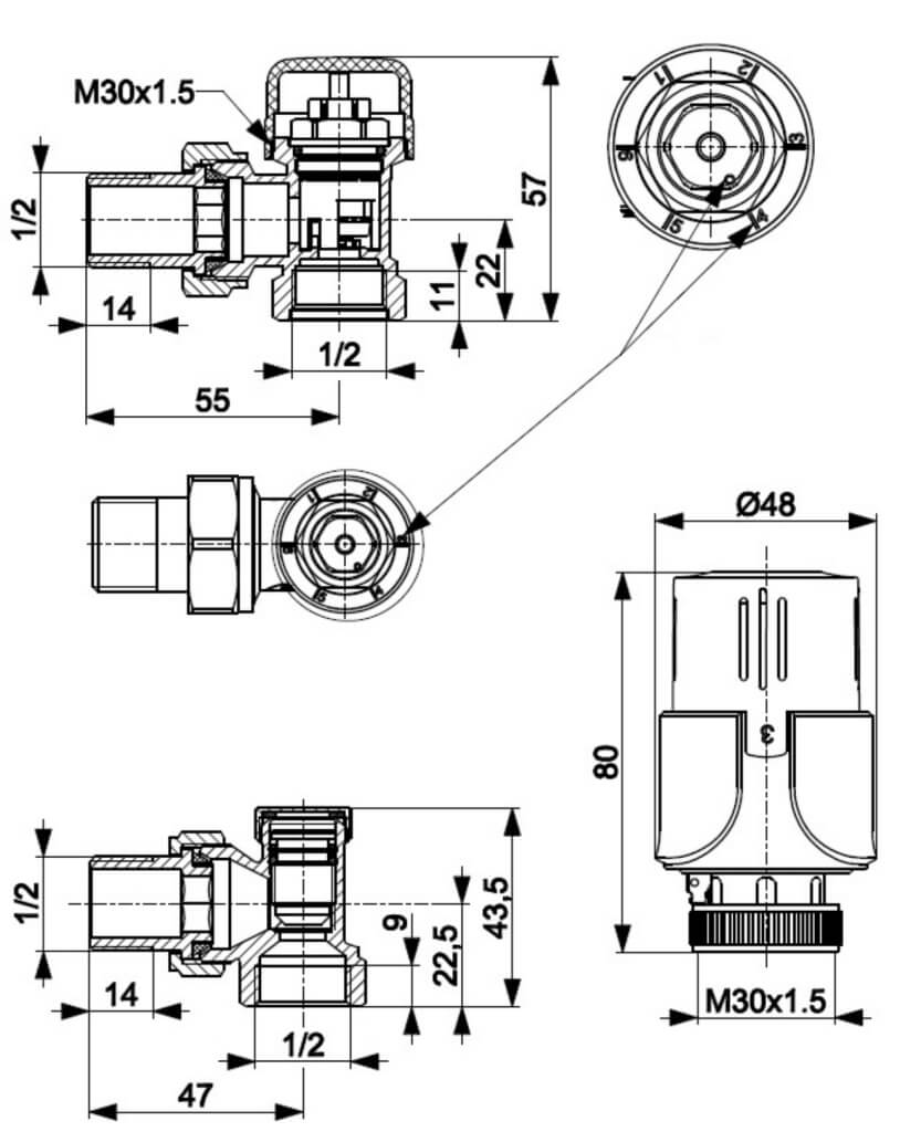 KFA Sada rohových ventilov na radiátor s hlavicou, 757-140-07-BL, rozmery